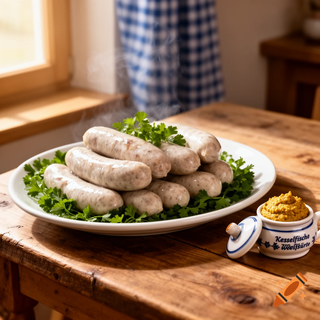 Steaming white sausages (Weisswurst) garnished with parsley on a white plate, next to a mustard pot on a rustic wooden table, photorealistic.