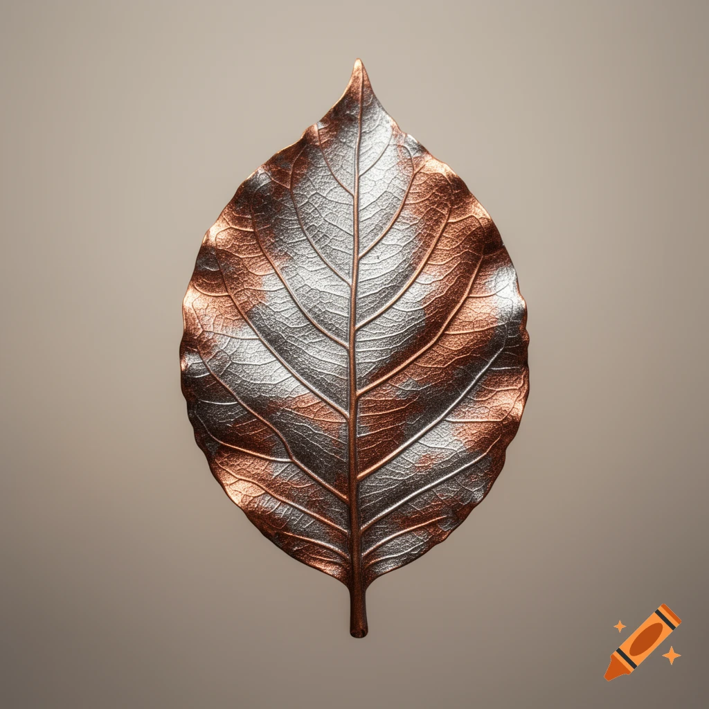 A detailed metallic leaf, showcasing silver and copper tones, on a smooth beige background.