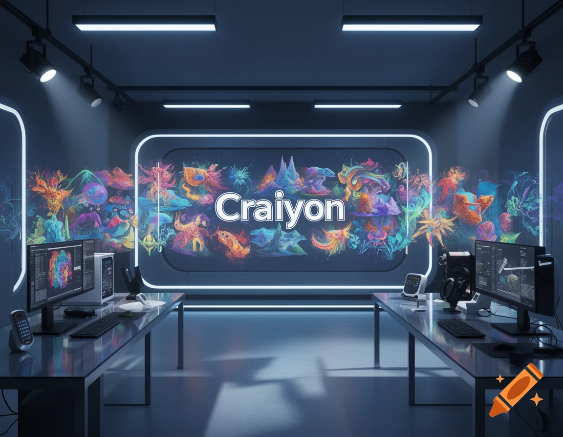 Modern tech workspace with computers and a large screen displaying vibrant abstract art and 'Craiyon' text.