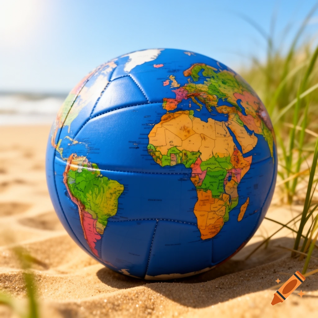 A blue volleyball with a colorful world map printed on it, resting on a sandy beach with the ocean and green grass in the background under a clear sky.