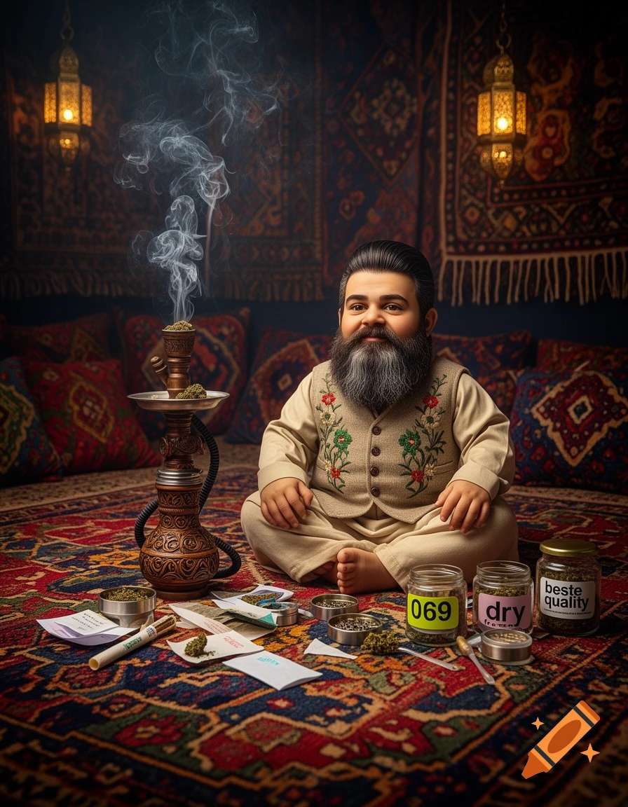 A smiling dwarf with a large beard sits cross-legged on an ornate rug next to a smoking hookah and jars of cannabis in an opulent room with lanterns.