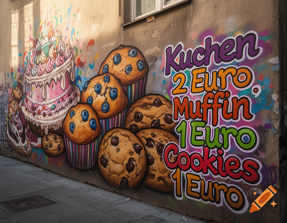 Vibrant graffiti mural on a wall featuring a tiered cake, blueberry muffins, and chocolate chip cookies, with German prices listed.