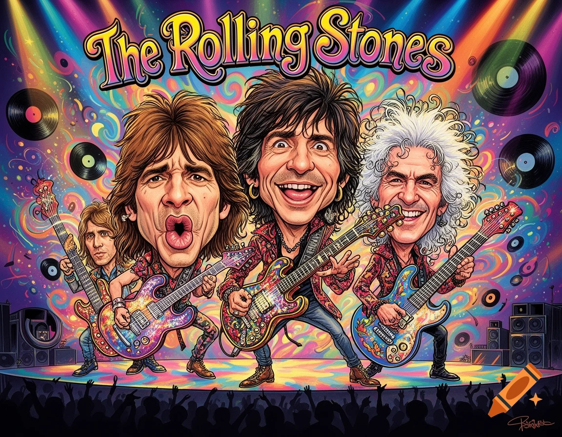 A vibrant caricature of The Rolling Stones performing on stage, with exaggerated features, guitars, and psychedelic lighting.