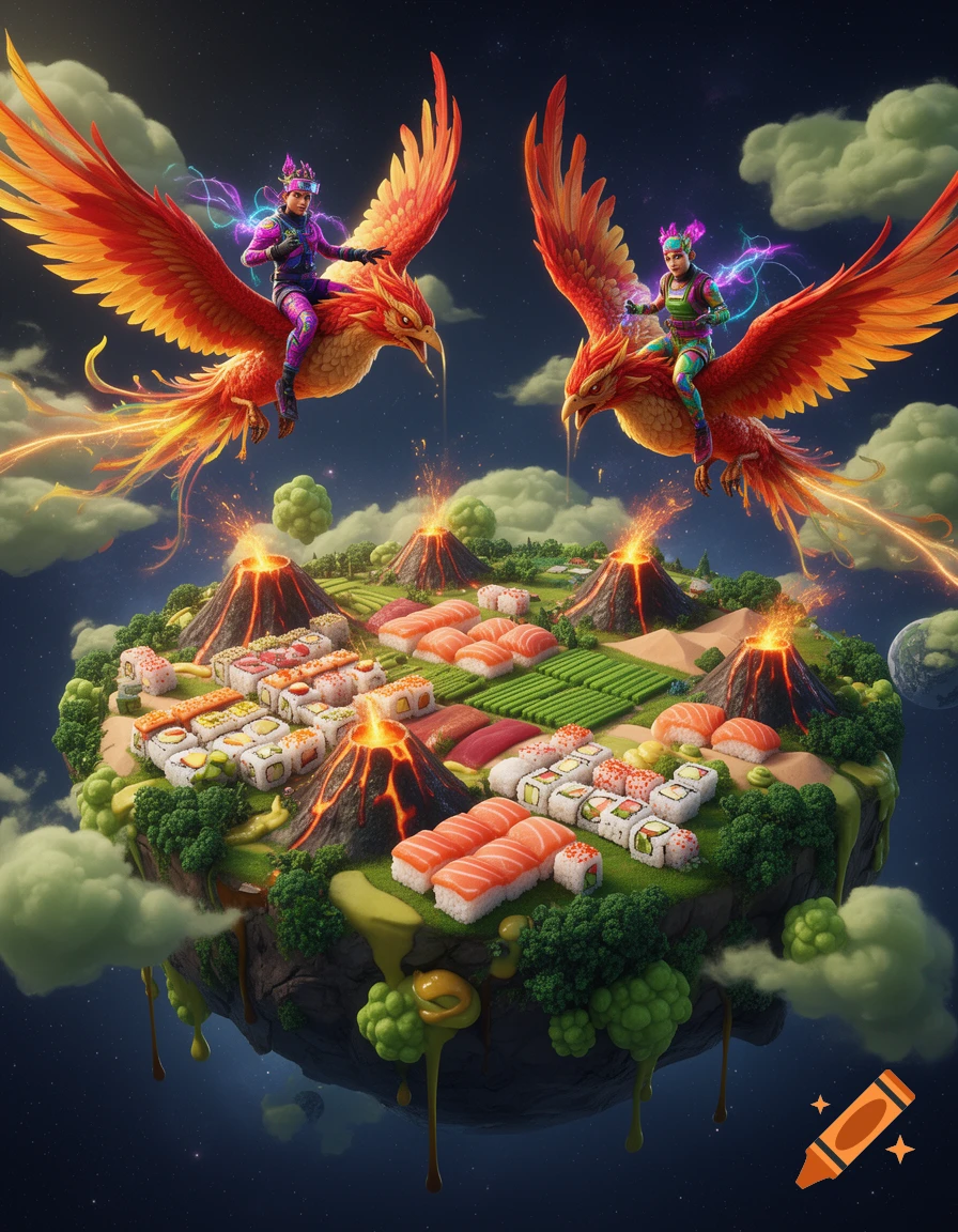 Two colorful figures ride magnificent red phoenixes above a floating island covered in sushi and erupting volcanoes under a starry sky.