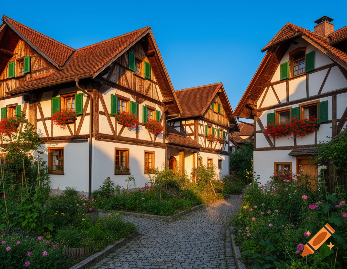 Charming traditional houses with timber framing, red roofs, and green shutters, surrounded by lush gardens and a cobblestone path in golden hour sunlight.
