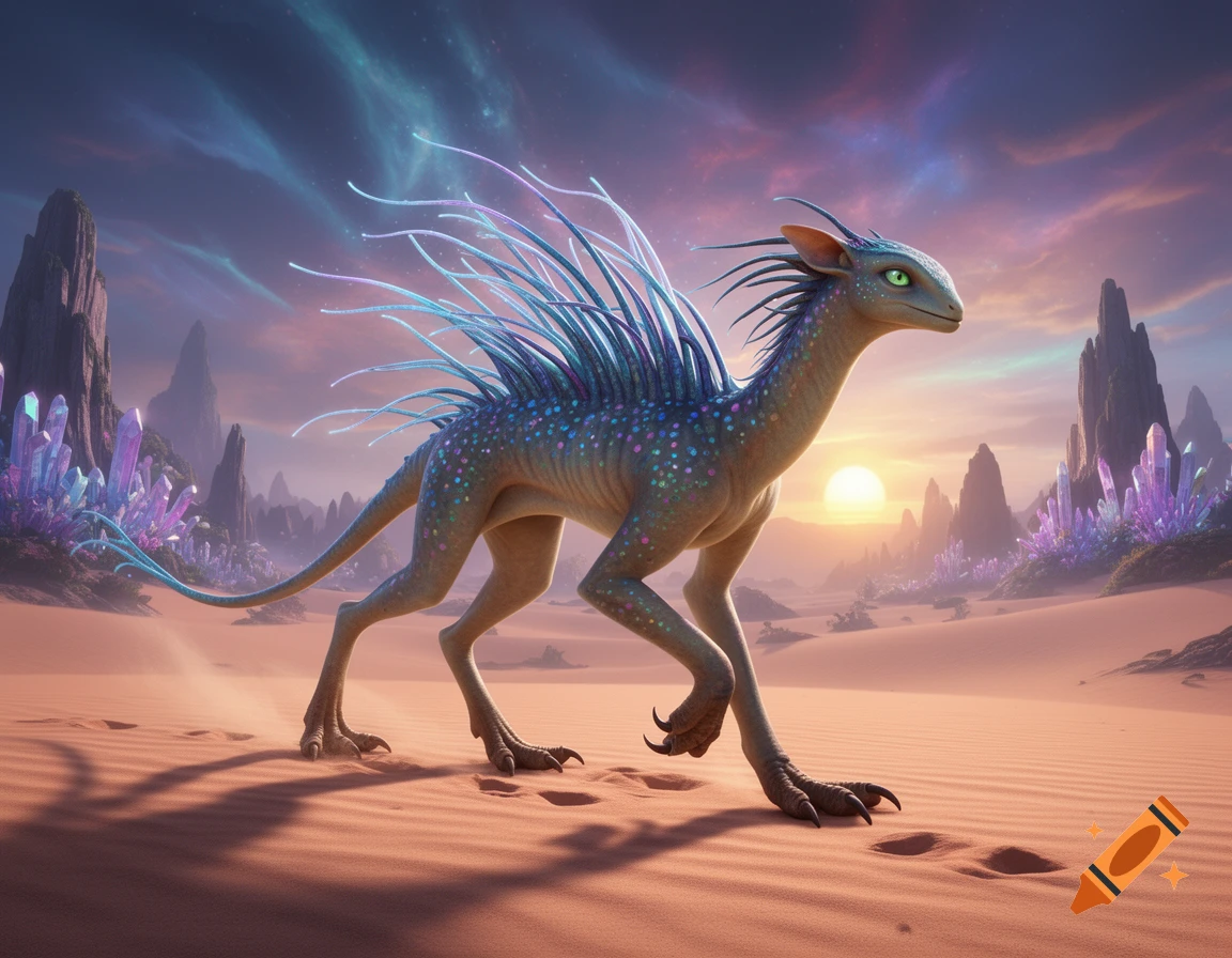 A spotted bipedal fantasy creature with glowing blue spikes walks through a desert at sunset, with luminous purple crystals and mountains.
