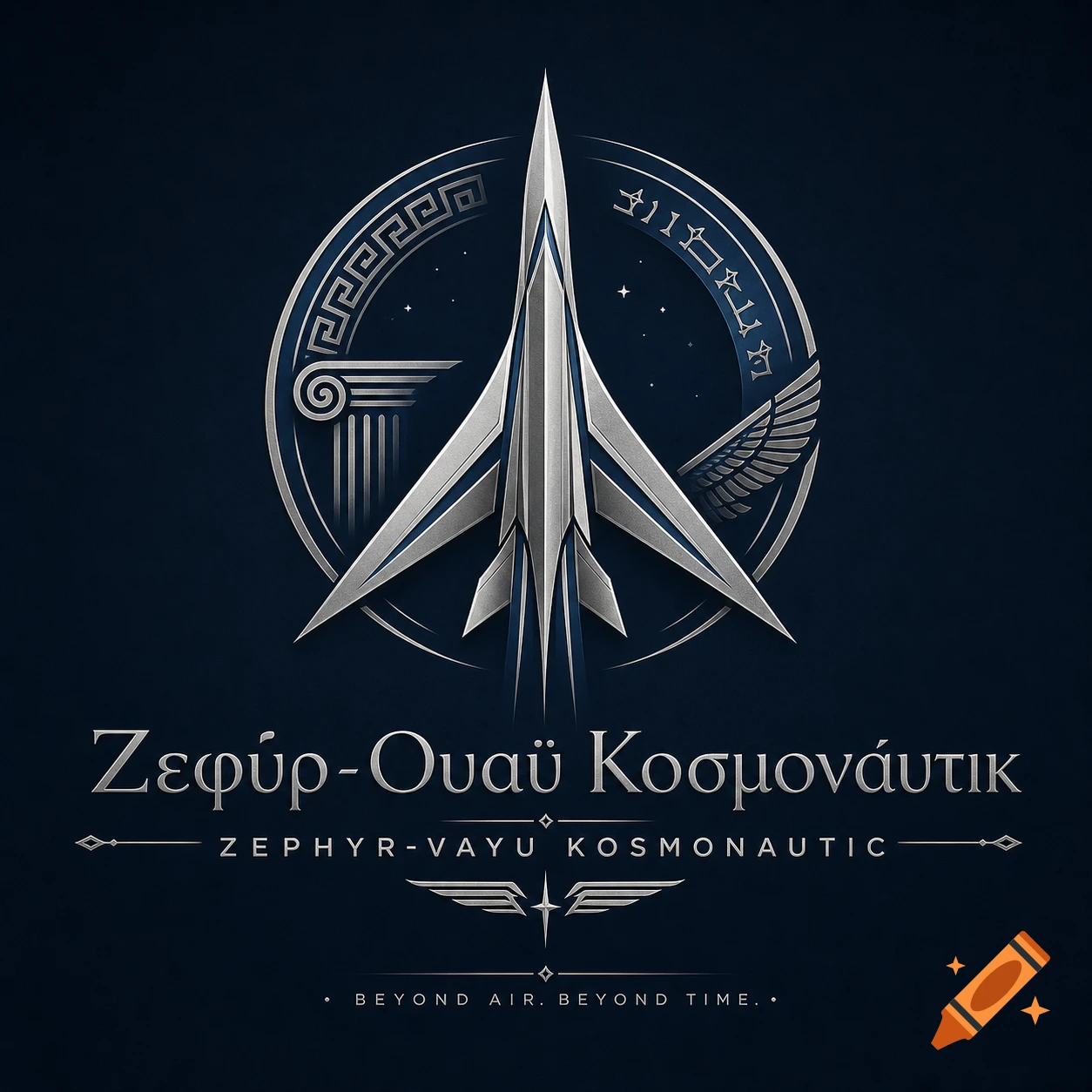 A sleek silver supersonic jet logo against a dark blue background, framed by a circular emblem with a Greek column, key pattern, and wings. Text reads "Zephyr-Vayu Kosmonautic" in Greek and Latin, plus "Beyond Air. Beyond Time."