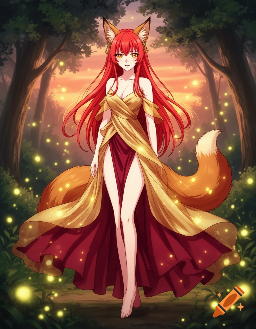 An anime fox girl with red hair, fox ears, and tail, wearing a flowing gold and red dress, stands in an enchanted forest with glowing lights.