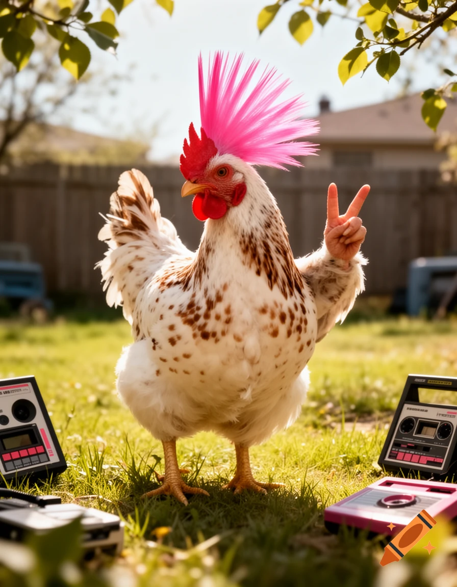 A punk chicken with a pink mohawk stands in a sunny yard, making a peace sign with a human-like hand. Vintage boomboxes are on the grass.