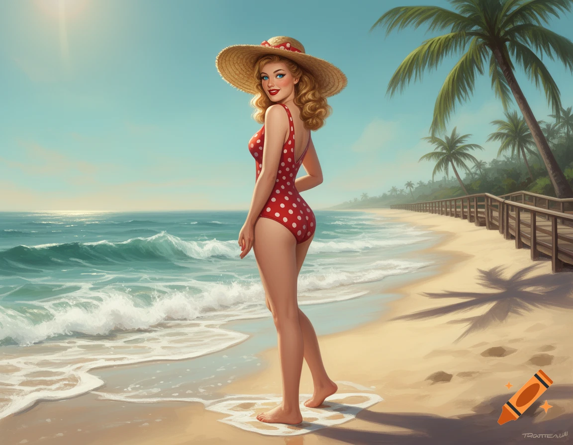 A smiling pin-up woman in a red polka dot swimsuit and straw hat stands on a sandy beach with the ocean and palm trees, in an illustration.