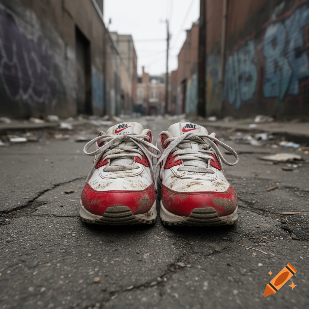 A pair of dirty white and red Nike Air Max sneakers sit on a cracked asphalt ground in a grimy alley with graffiti-covered brick walls.