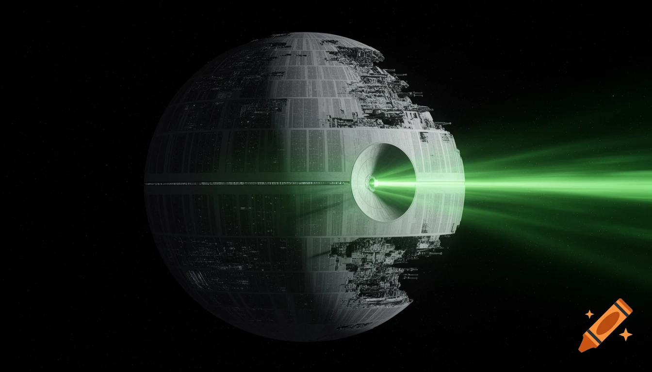 The Death Star space station in deep space, firing a powerful green laser beam.