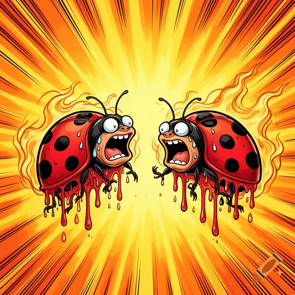 Two cartoon ladybugs are screaming and melting into red-and-black goo in a blazing yellow and orange comic book-style heatwave.