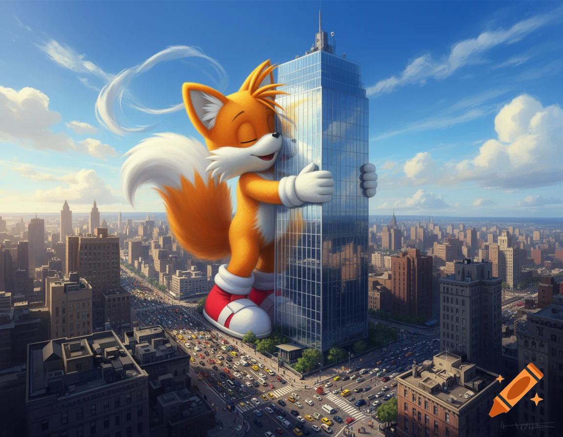Giant cartoon fox Tails from Sonic hugs a tall glass skyscraper in a bustling, photorealistic city filled with traffic.