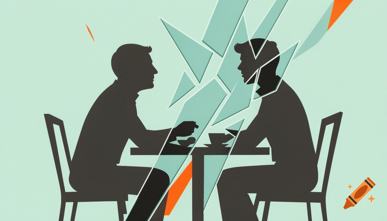 Minimalist graphic of two dark silhouettes sitting at a table in a cafe, fractured by mint green and orange geometric shards.