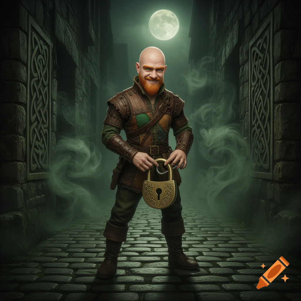 A smiling, bald, red-bearded fantasy thief in leather armor holds a large golden padlock in a misty, moonlit cobblestone alley.