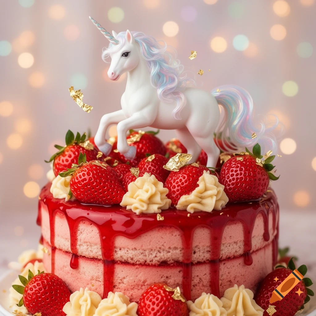 A photorealistic image of a white unicorn figurine with a rainbow mane on a strawberry cake with red glaze, fresh berries, and cream.