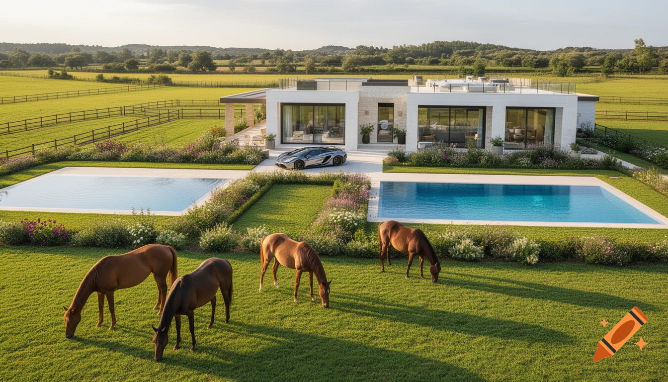 Photorealistic modern white villa with two pools, a luxury car, and four brown horses grazing in a green countryside field.