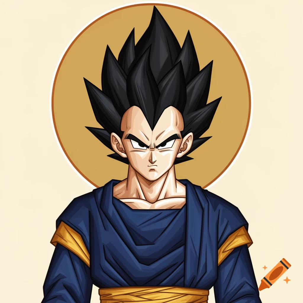 An illustration of Vegeta from Dragon Ball Z, rendered in a Byzantine icon style, wearing a blue robe with golden accents against a golden halo.
