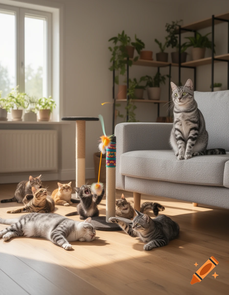 A group of photorealistic tabby cats playing in a sunlit living room with a scratching post and a grey couch.