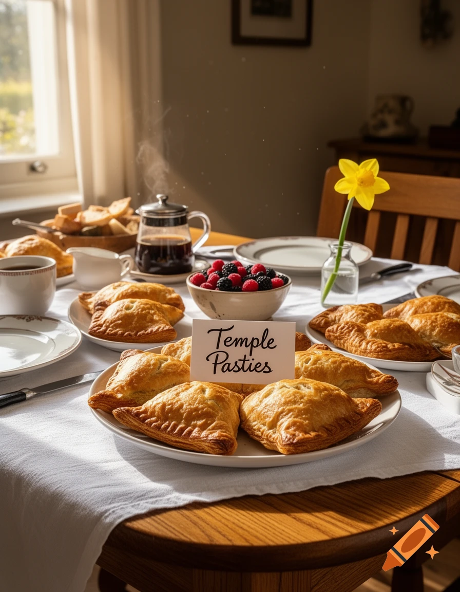A sunlit breakfast table set with plates of golden pasties, a bowl of berries, a French press, and a yellow daffodil in a vase, with a card reading "Temple Pasties".