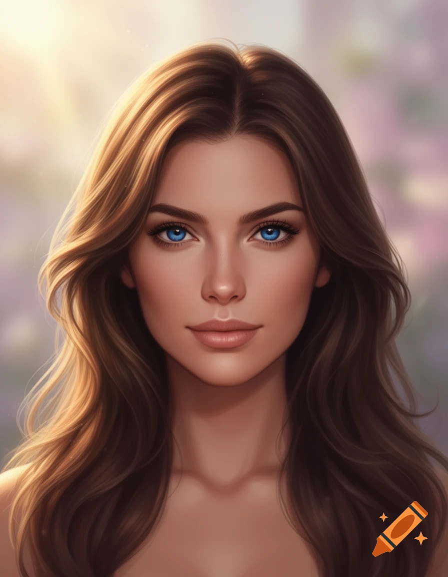 A portrait of a woman with long brown hair and striking blue eyes, looking directly at the viewer.