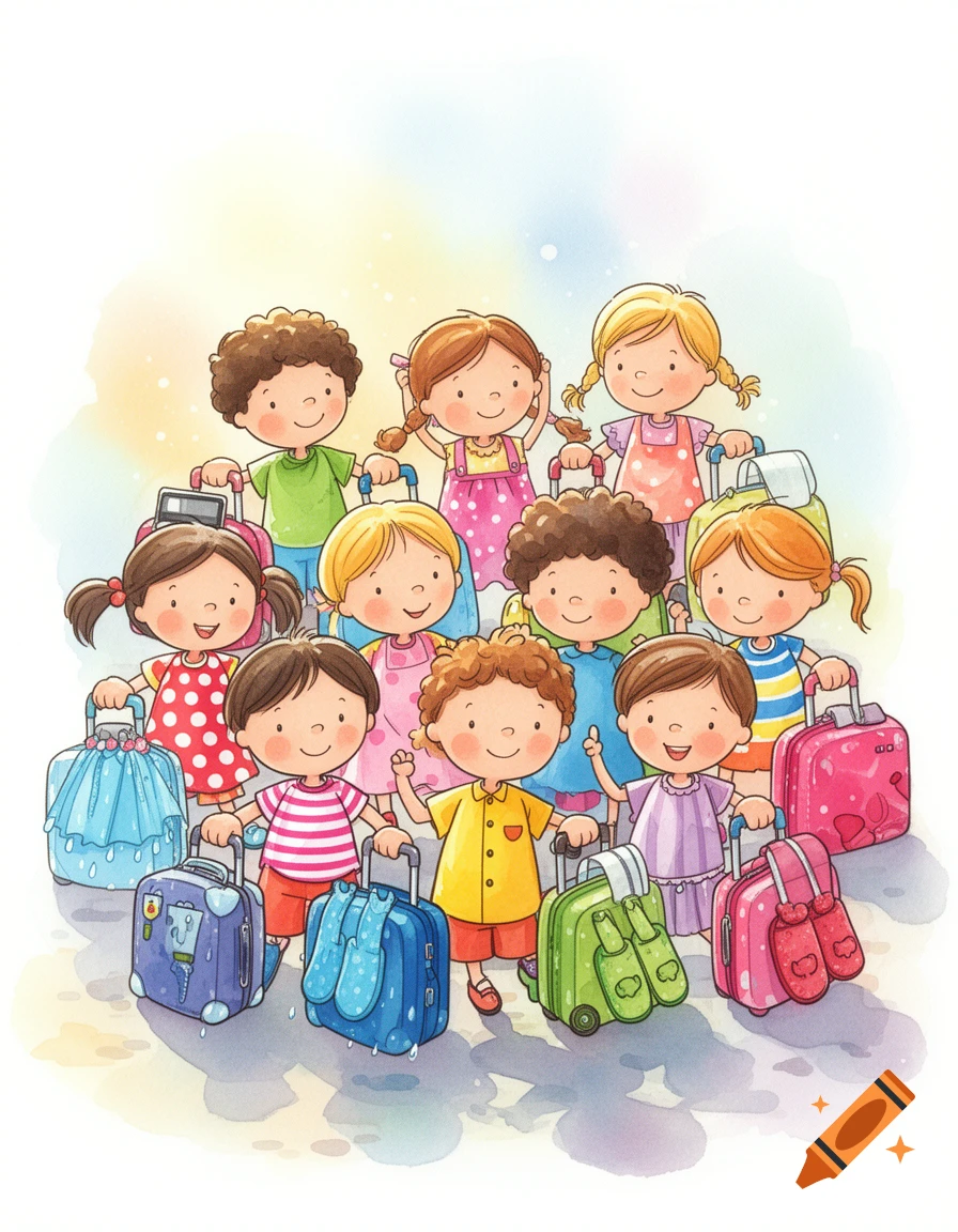 A group of smiling watercolor cartoon children, each pulling a colorful rolling suitcase, ready for a trip.