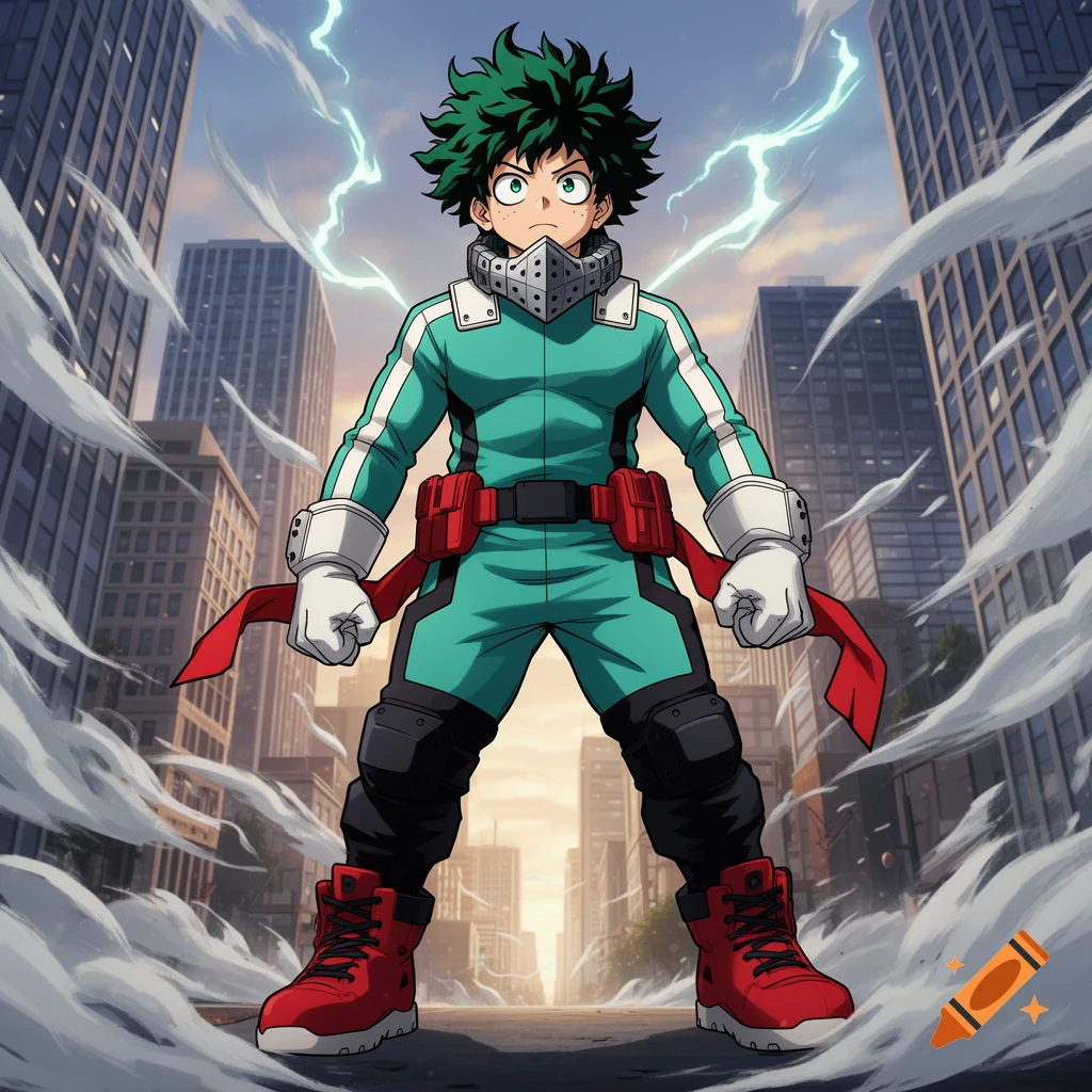 A superhero character with green hair and a teal costume stands confidently in a city street, surrounded by smoke and lightning.