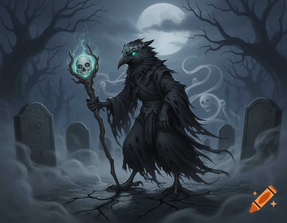 A raven-like necromancer in a tattered robe holds a glowing skull staff in a foggy graveyard under a full moon with ghostly skulls.