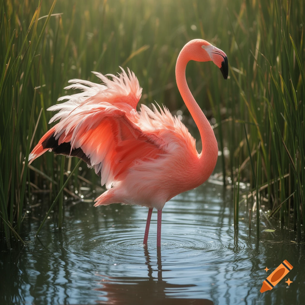 A photorealistic flamingo stands in shallow water with its wings slightly spread, surrounded by tall green reeds.