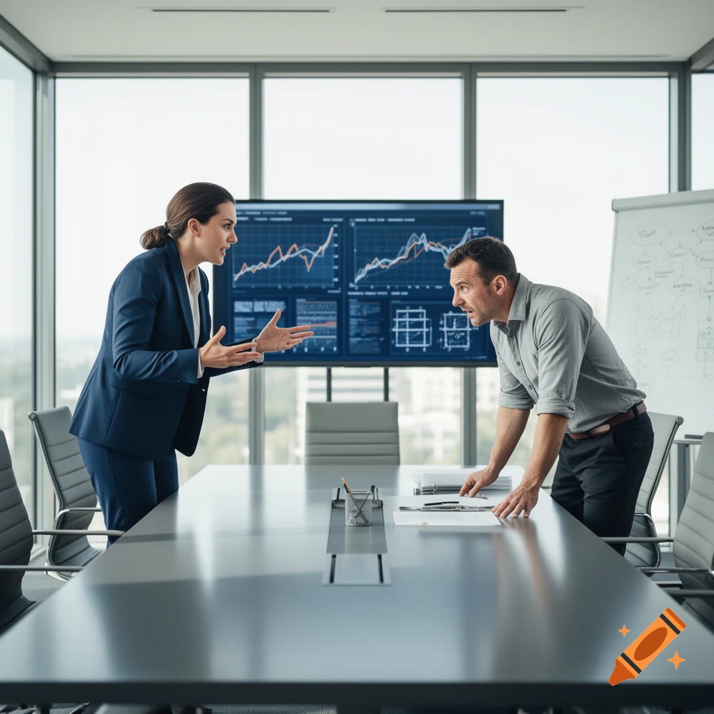 Two business professionals arguing at a conference table in a modern office with data screens.