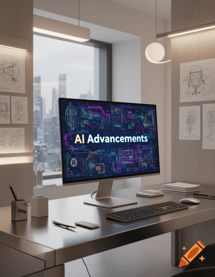 A photorealistic image of an office desk with a computer displaying 'AI Advancements' and technical diagrams on the wall, with a cityscape outside the window.
