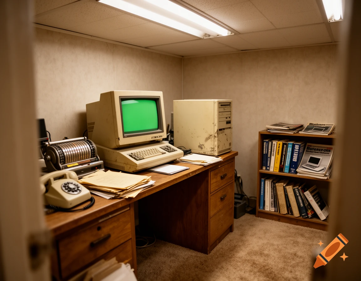 A retro 1980s office room with an old CRT computer showing a green screen, a vintage phone, and books on a shelf.