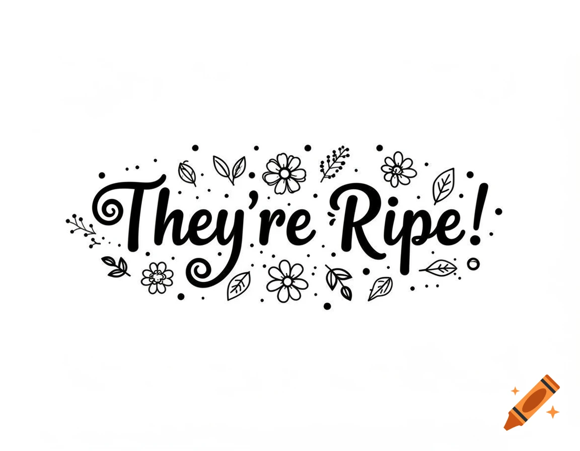 Black and white decorative illustration with the script text 'They're Ripe!' surrounded by small flowers, leaves, and dots.