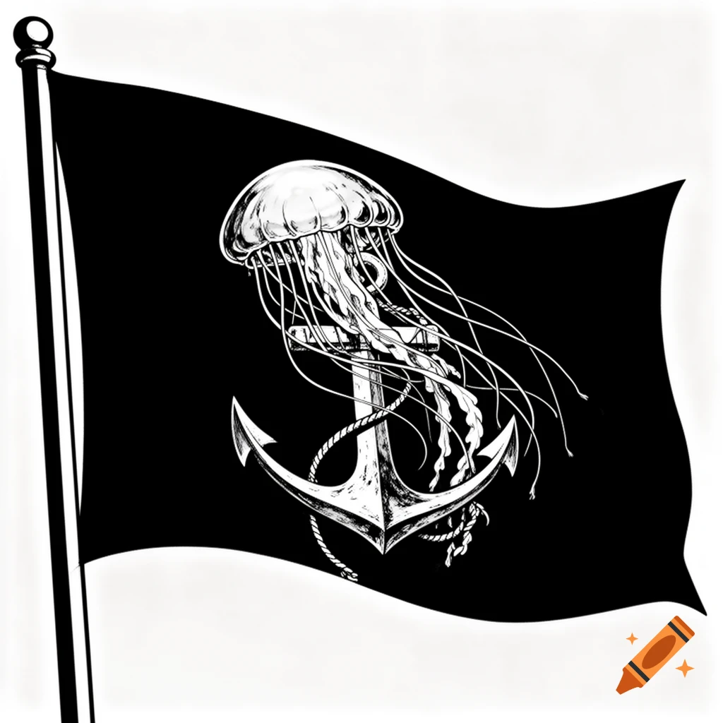 A black and white illustration of a pirate flag featuring a jellyfish wrapping around an anchor.