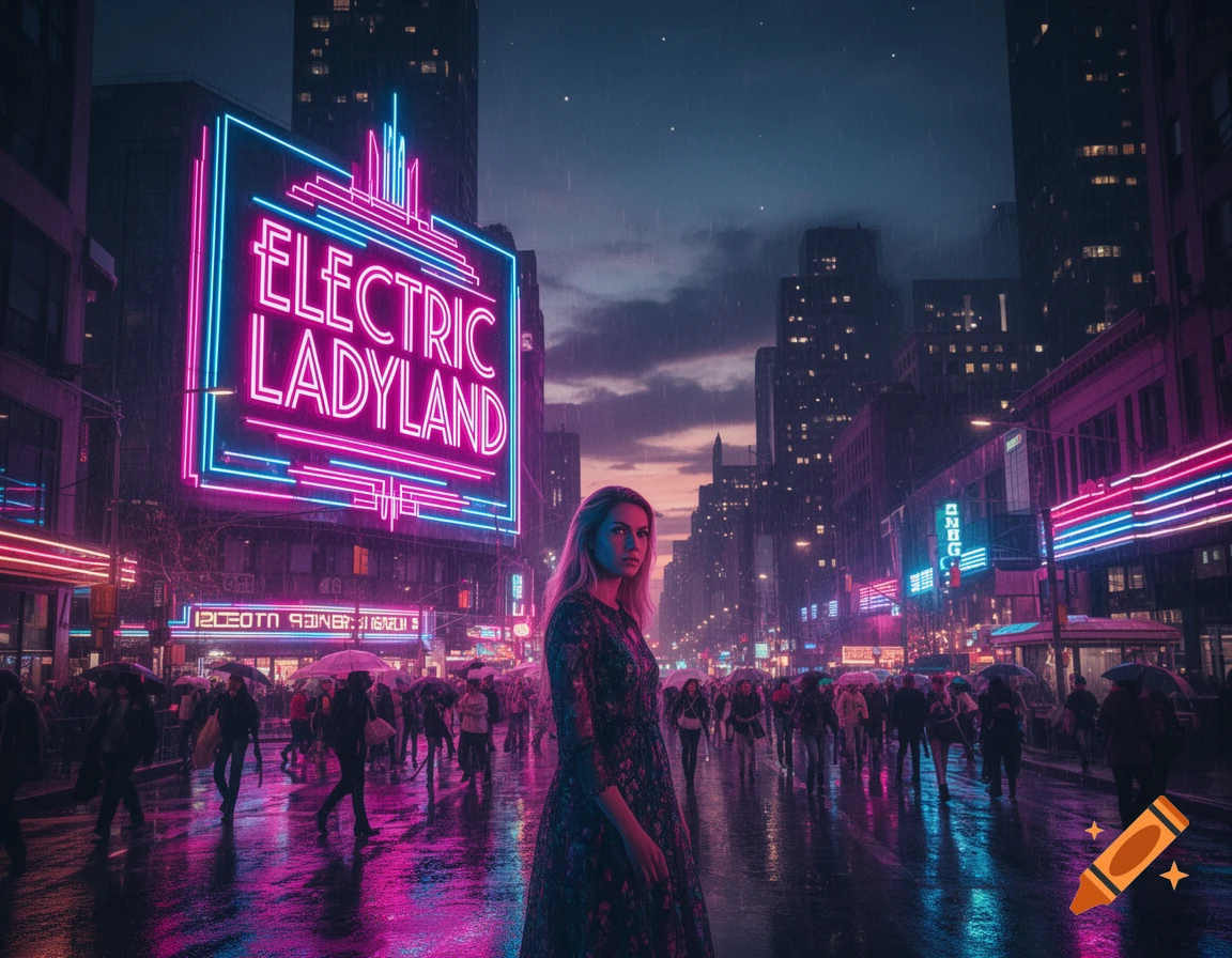 A woman stands in a rainy, neon-lit city street at night, with a large "ELECTRIC LADYLAND" sign glowing above a blurred crowd.
