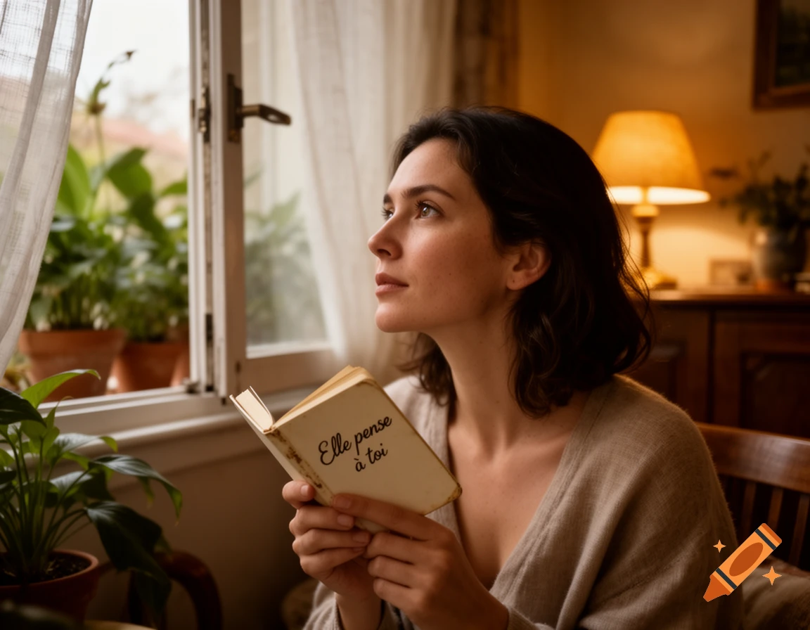 A woman with dark hair holding a book looks out a window, bathed in soft indoor light.
