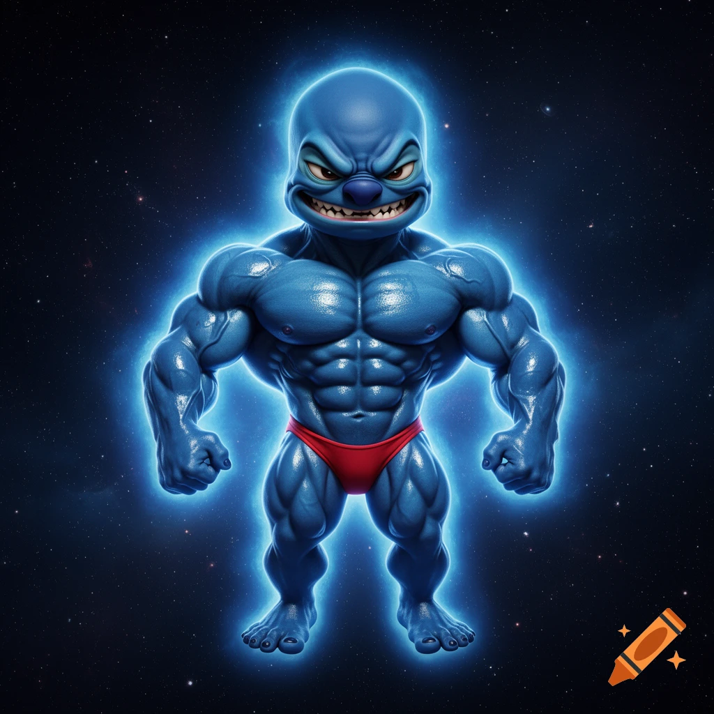 Hyper-muscular blue alien resembling Stitch in a red posing thong, floating in space with a glowing blue aura.