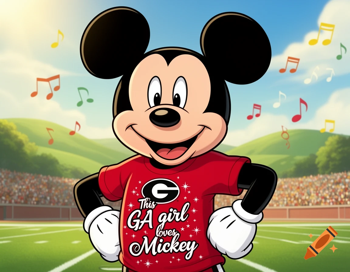 Cartoon Mickey Mouse smiling on a football field, wearing a red t-shirt that says 'This GA girl loves Mickey'.