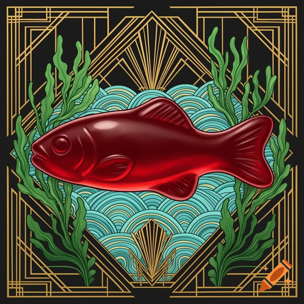 A glossy red Swedish fish candy against an Art Deco background with teal waves, green seaweed, and gold geometric patterns.