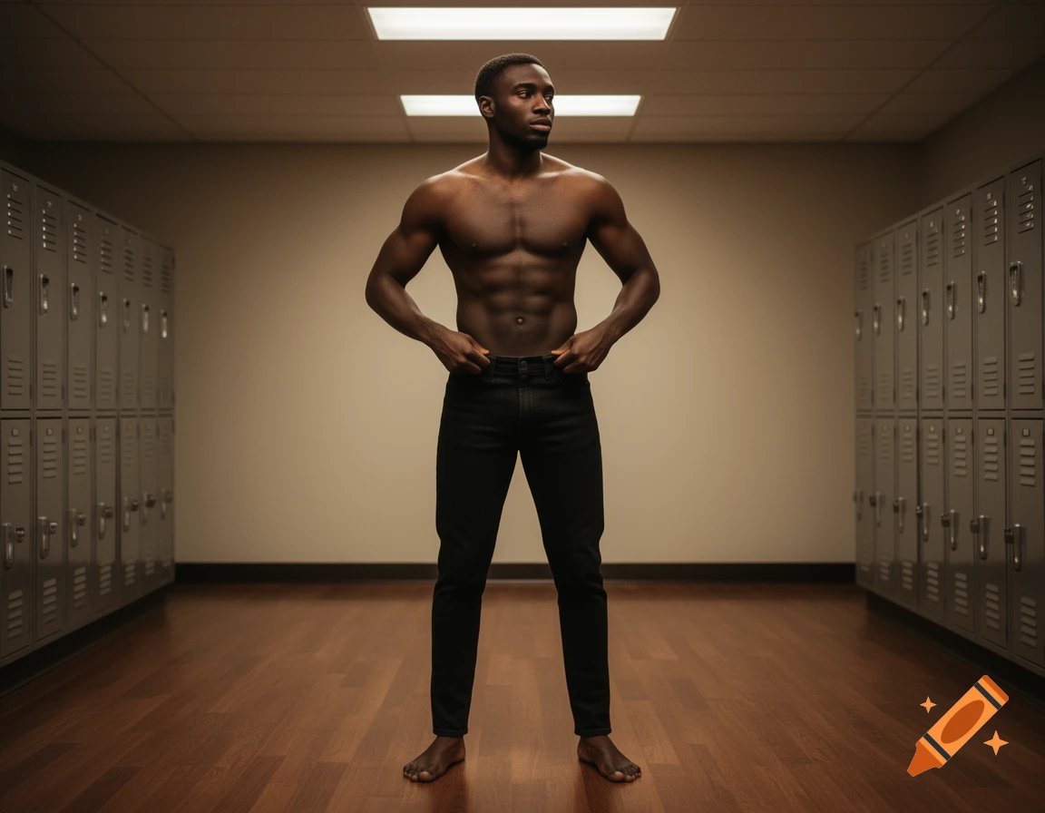 A shirtless, muscular Black man in black jeans stands barefoot in a locker room, hands on his waist.