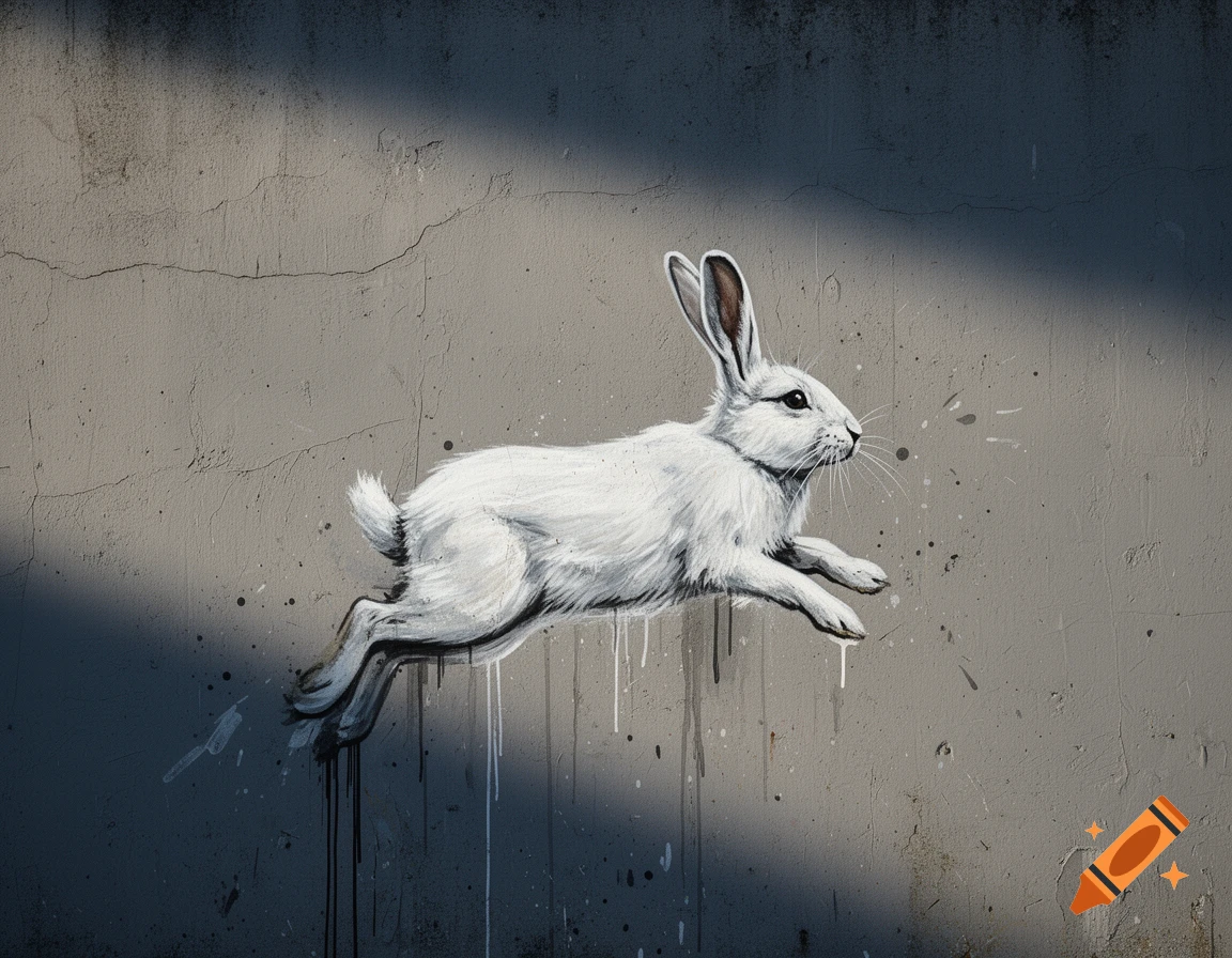 White graffiti painting of a leaping rabbit on a cracked gray concrete wall with paint drips.