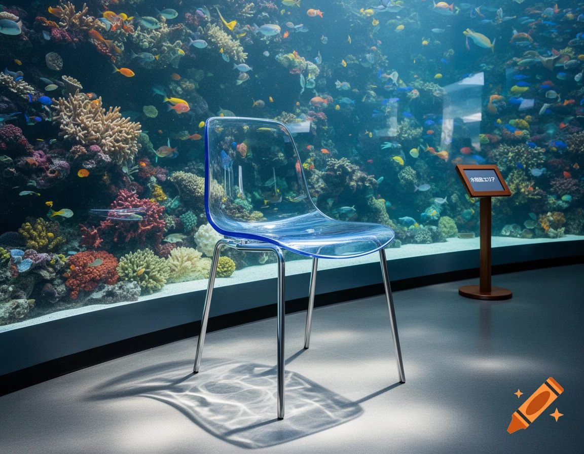 A clear plastic chair with chrome legs sits on a polished floor in front of a vast aquarium filled with vibrant coral and schooling fish.