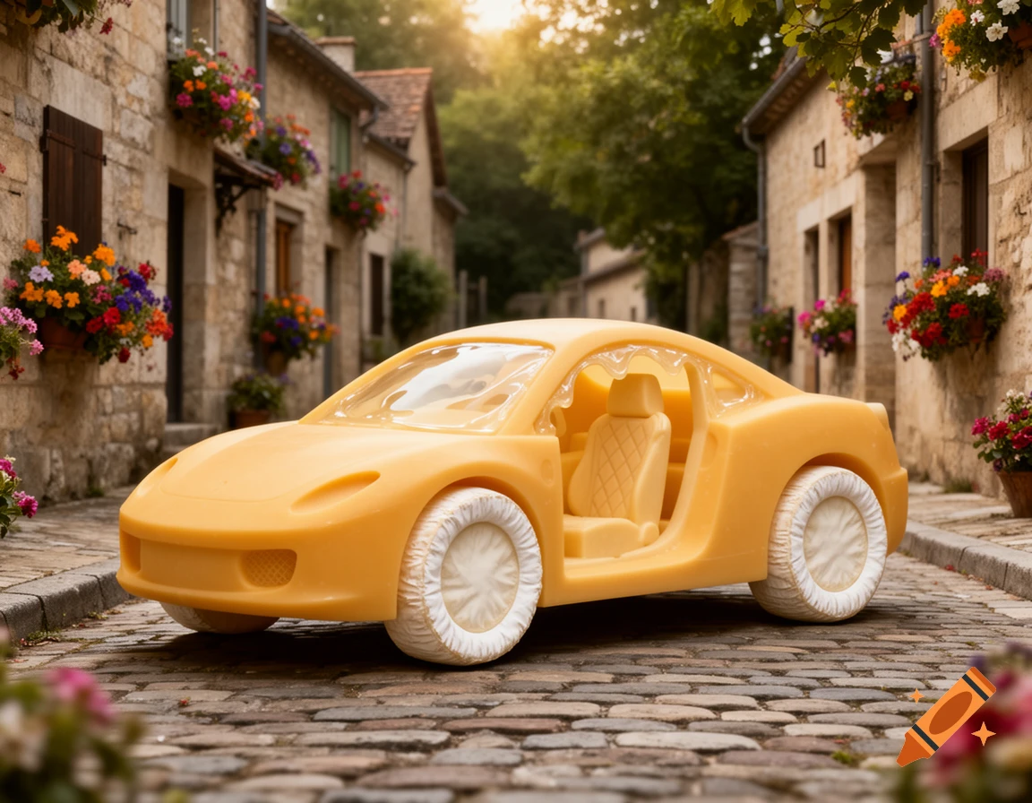 A photorealistic yellow cheese car with white cheese tires on a cobblestone street in a village with stone buildings and colorful flowers.