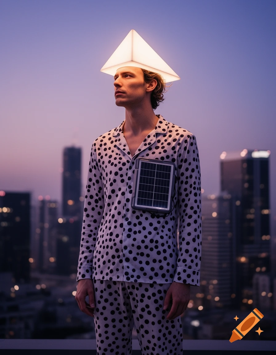 Man in polka-dot pajamas with a solar panel and glowing pyramid hat on a city rooftop at dusk.