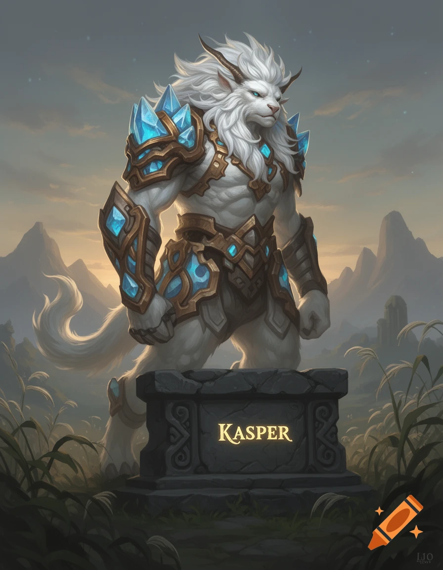 A powerful white lynel-like fantasy creature with glowing blue crystal armor stands behind a stone pedestal engraved with "KASPER" in a mountain landscape at dusk.