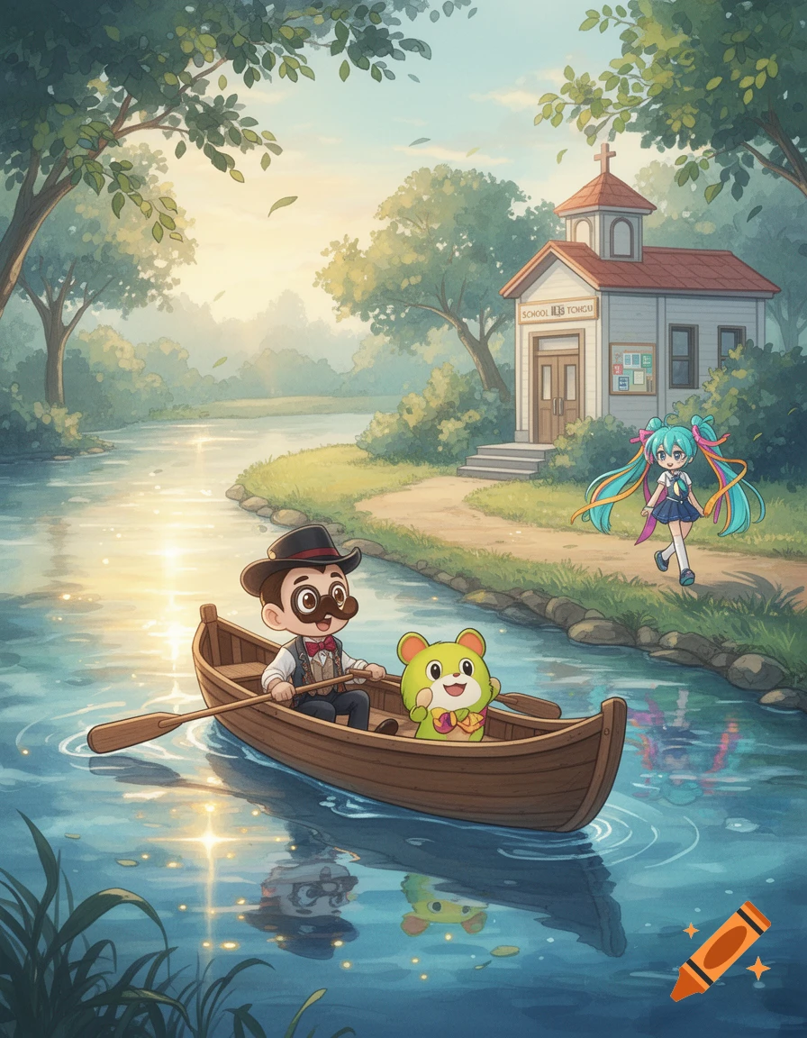 A cartoon boy in a hat and mustache rows a canoe with a green creature on a sunny river, while a small anime girl walks past a schoolhouse on the bank.