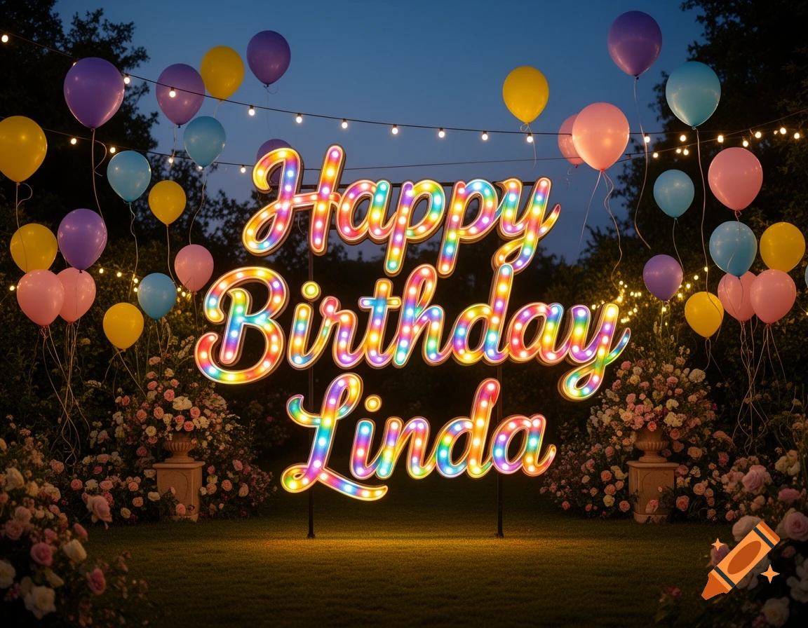 A colorful, glowing "Happy Birthday Linda" sign is displayed in a festive garden at night, surrounded by balloons and flowers.