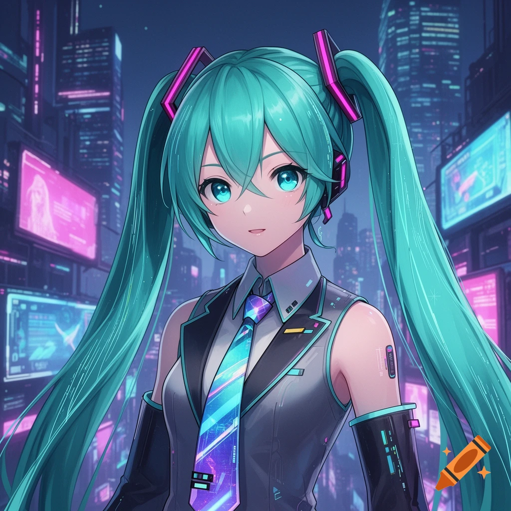An anime girl resembling Hatsune Miku with teal twin-tails and blue eyes, wearing a gray suit and a vibrant patterned tie, stands in a neon-lit cyberpunk city.