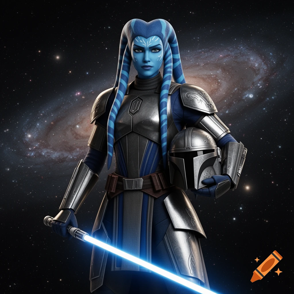 Aayla Secura, a blue Twi'lek in Mandalorian armor, holds a lightsaber and helmet, set against a galaxy backdrop.